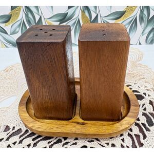 Vintage 70s Wood Salt and Pepper Set with Base